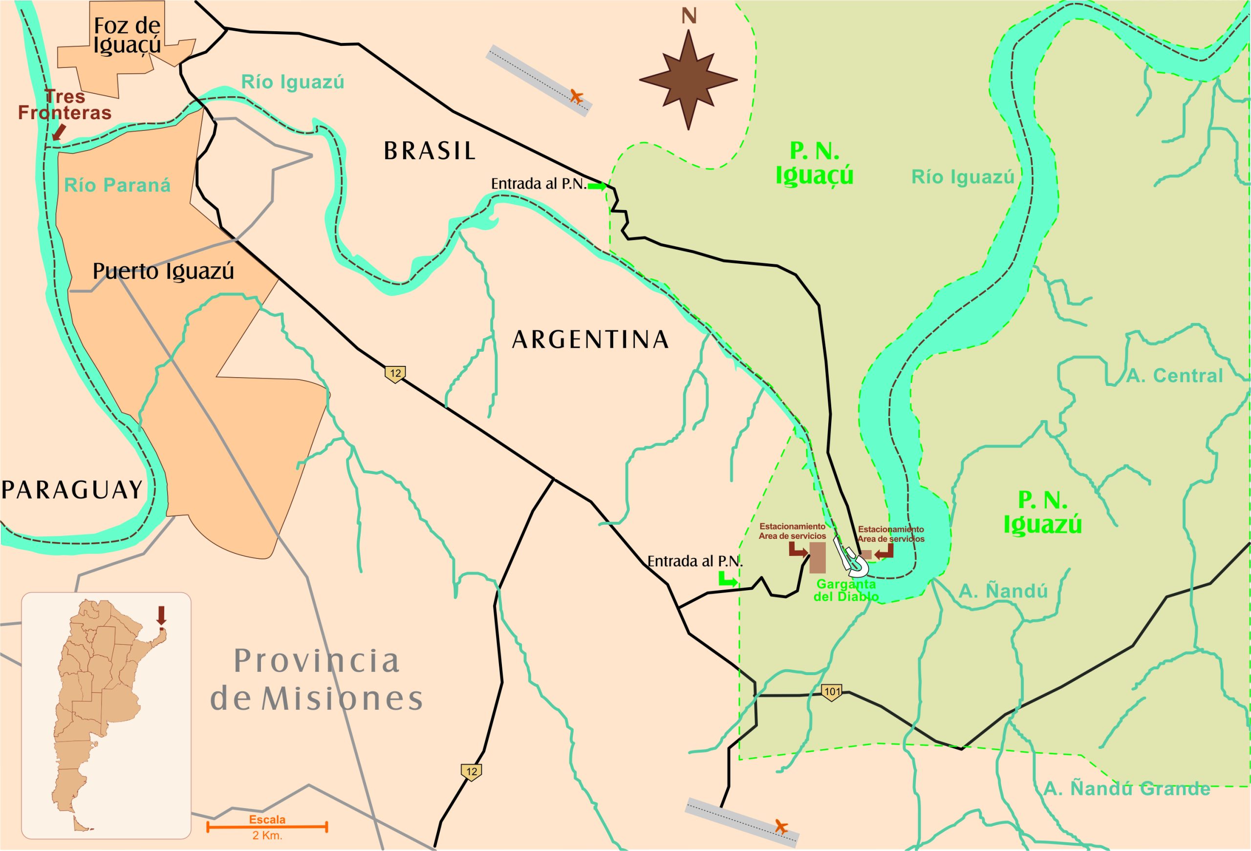 Carte de la zone de Puerto Iguazu et Foz de Iguacu Carte de la zone de Puerto Iguazu et Foz de Iguacu